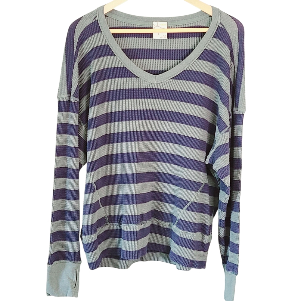 Offline By Aerie Blue and Greem Striped Thermal Top Preppy Activewear Loungewear